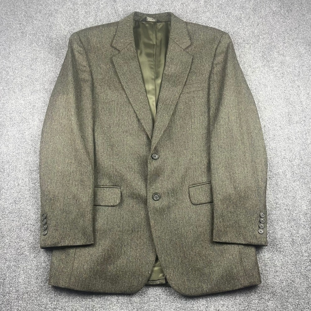 Jos A Bank Men 42L Blazer 100% Wool Herringbone Sport Coat Olive Green Tweed